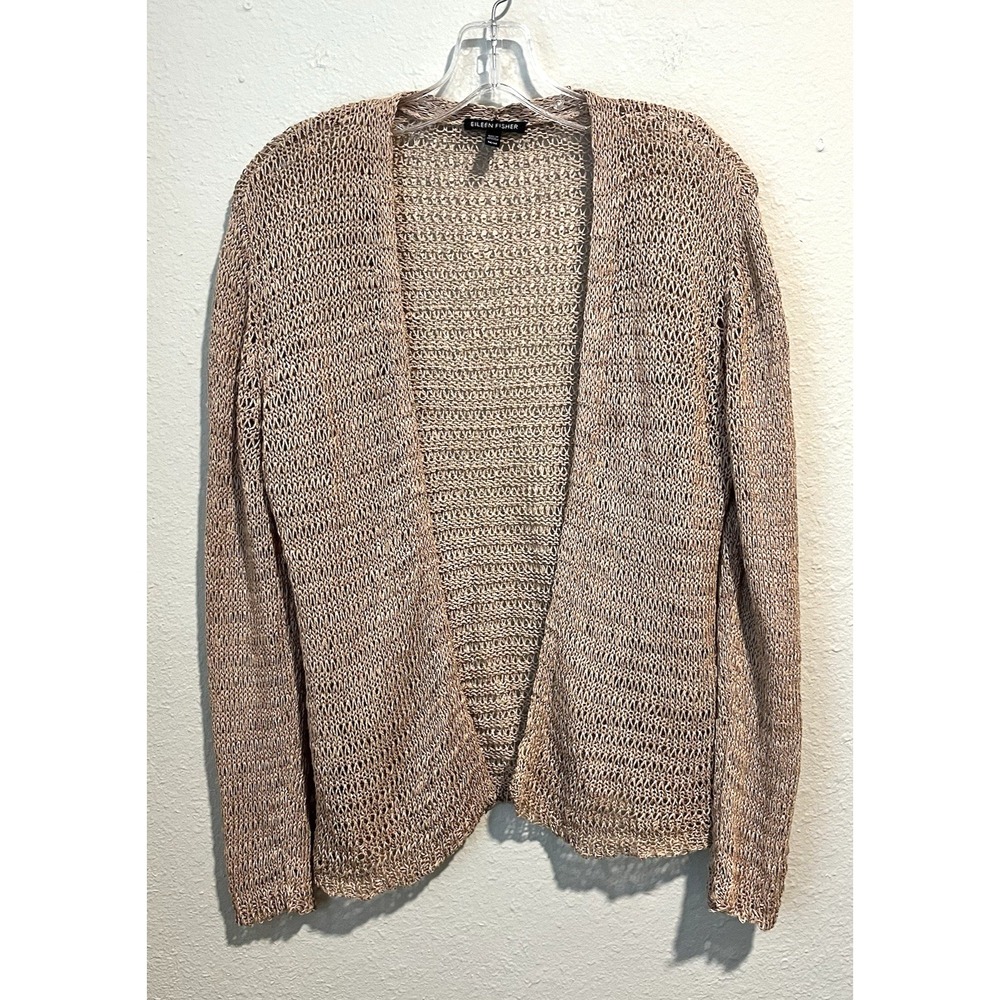 Eileen Fisher Shrug Cardigan Sweater Medium Tan Crochet Knit Open Linen Blend